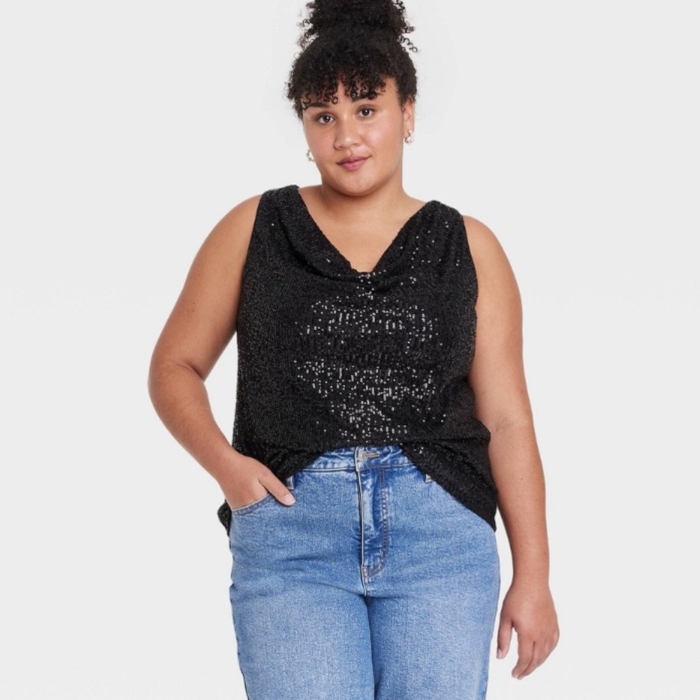 New! Women's Sequin Cowl Neck Tank Top - Ava & Viv™ Black Size 4X
